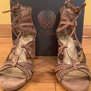Vince Camuto Suede Tan Glattiator Lace Up Heels
